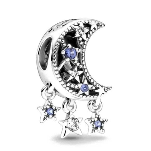 Crescent Moon and Stars Dangle Bracelet Charm Sterling Silver 925 Dream Big - Picture 1 of 6